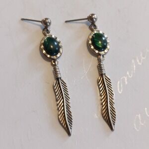 WM Co Sterling Silver Green Malachite Feather Drop Earrings Southwestern Vintage
